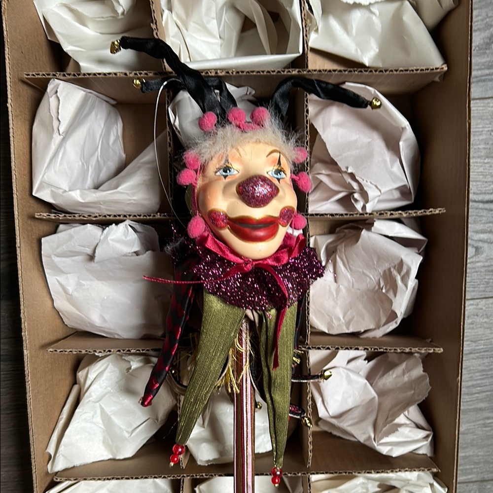 Jester clown stick puppet German Christmas Ornament large 16” harlequin